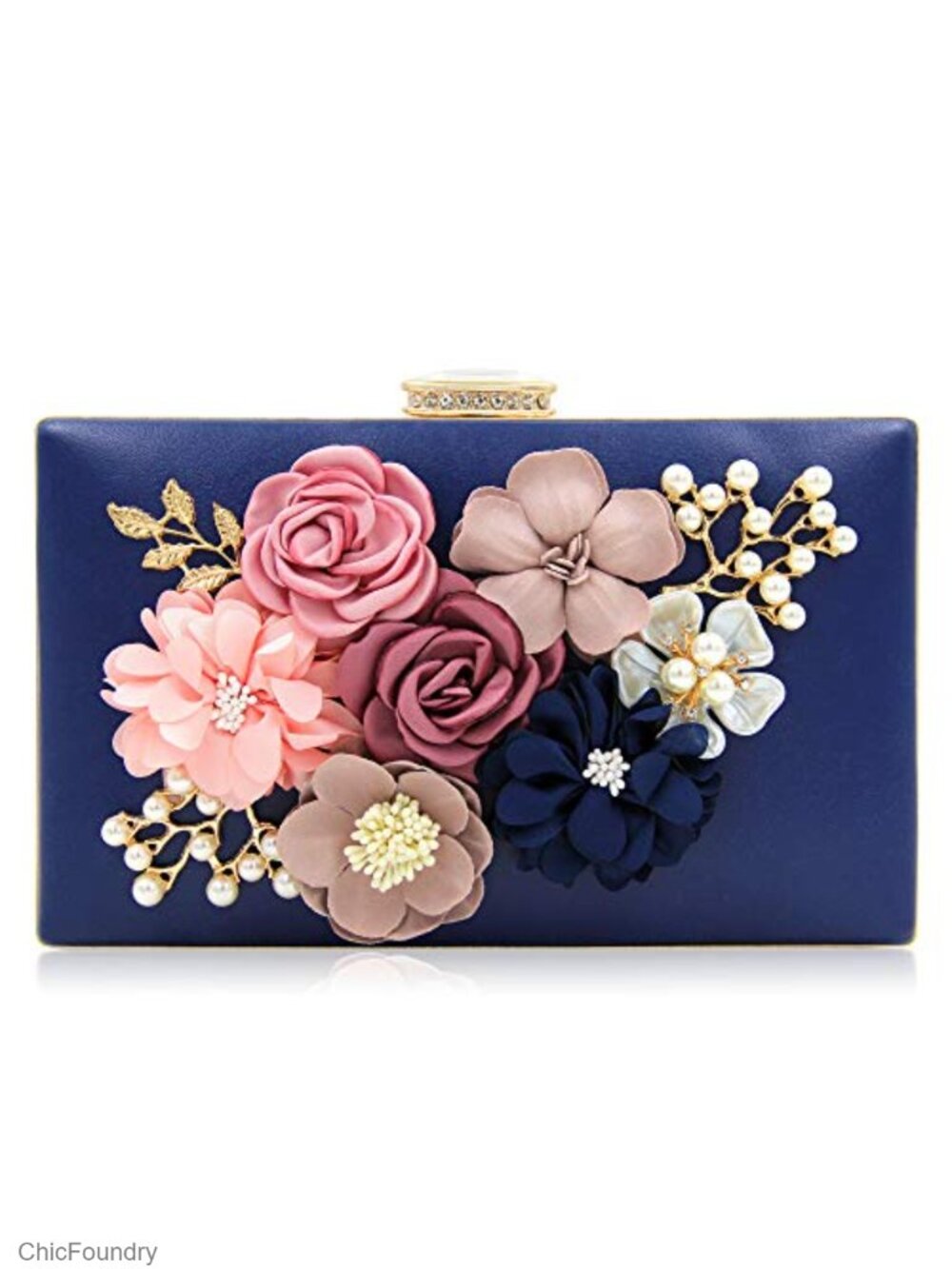 Floral Clutch Faux Leather Evening Bag with Wristlet and Shoulder Strap